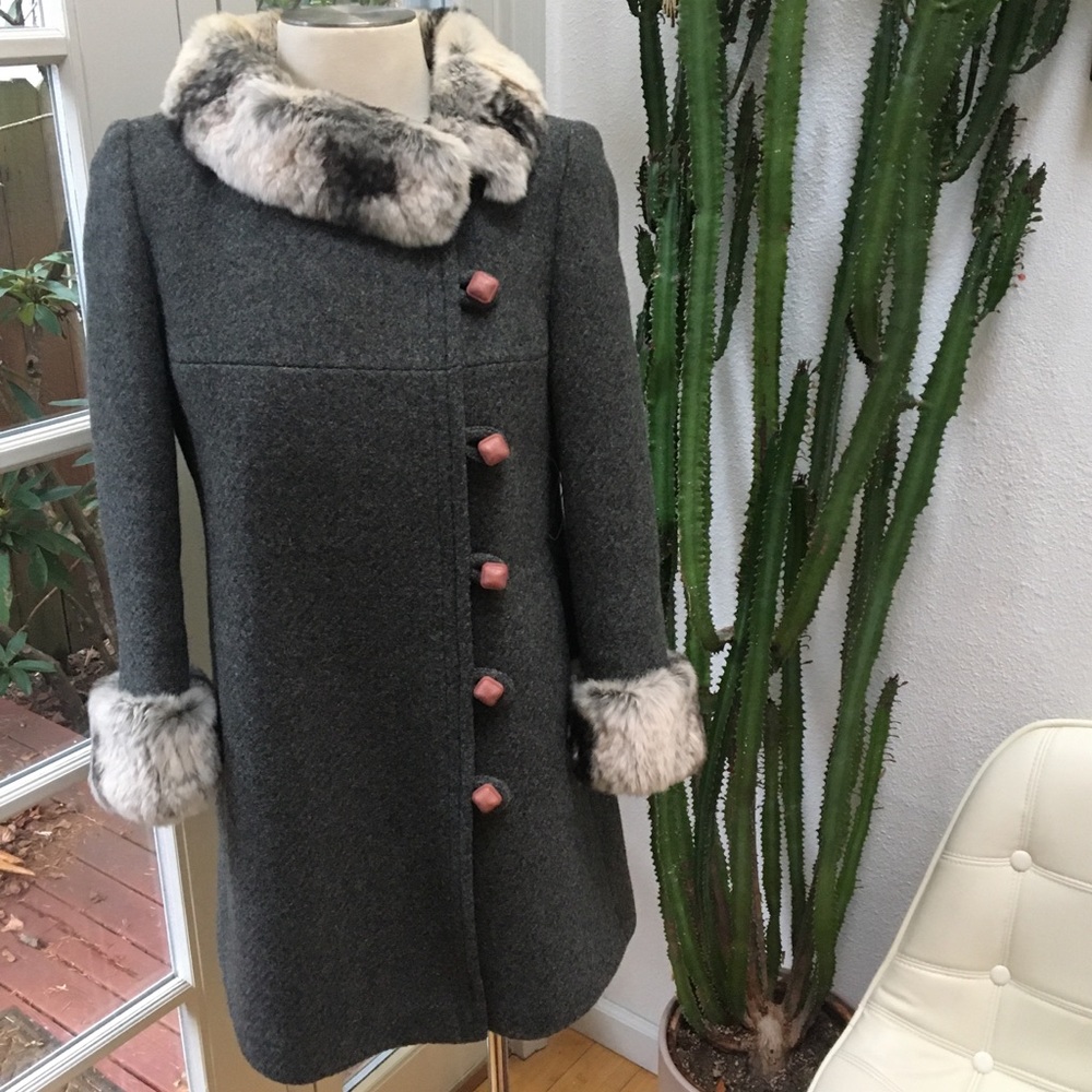 Vintage Wool & Chinchilla Fur Coat w/ Sq. Buttons